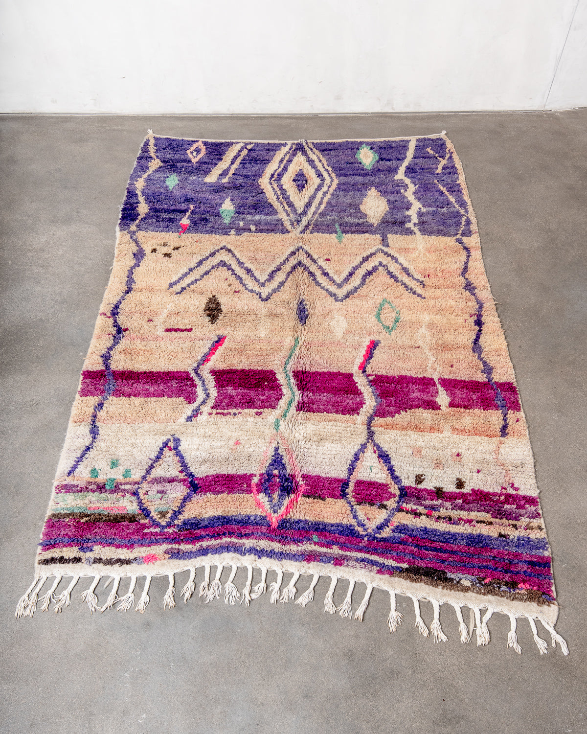 Modern, designer, handcrafted Berber rug from Morocco. Vintage carpet with beautiful colours and patterns and fluffy texture.